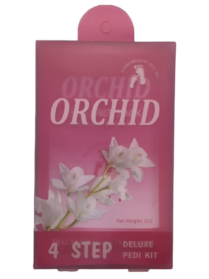 Pink pedicure kit packaging with orchid design and text on a white background